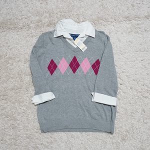 NEW! Karen Scott Argyle Gray 3/4 Sleeve Work Top Petite Size M